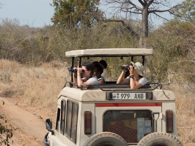 People in a Landrover in a wild game park.