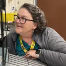veterinary technician looking at parrot in cage